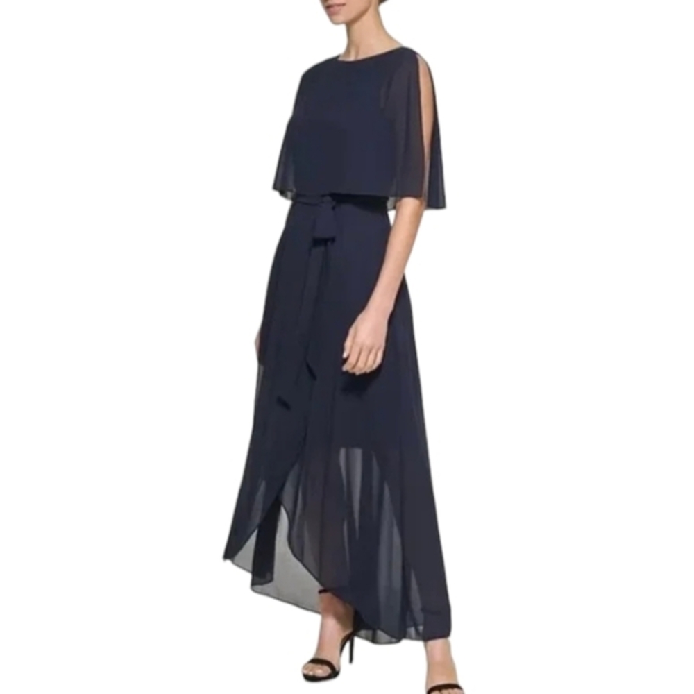 Jessica Howard Elegant Navy Blue Chiffon Cape Overlay Maxi Dress Formal Party 24